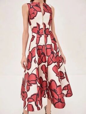 Alexis Sleeveless White Dress with Red Floral Print and Gold Front Zipper Size S